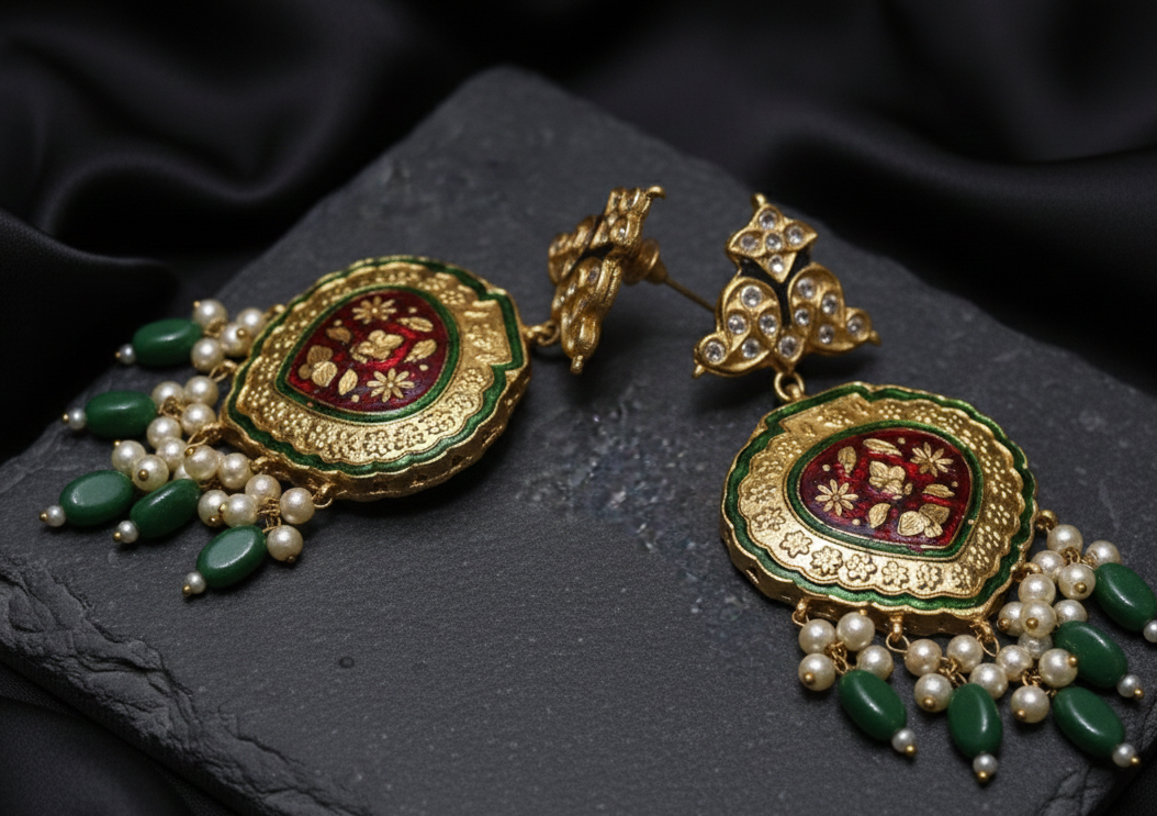 Kundan earrings in meenakari (red & green)