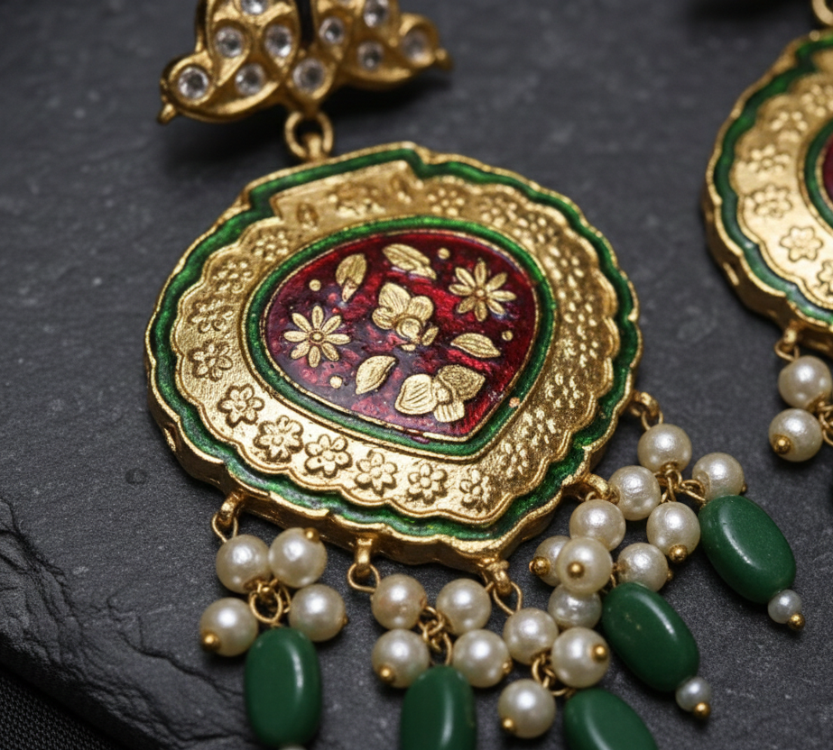Kundan earrings in meenakari (red & green)